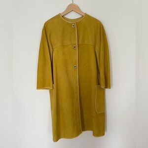 Vintage yellow collarless long suede coat